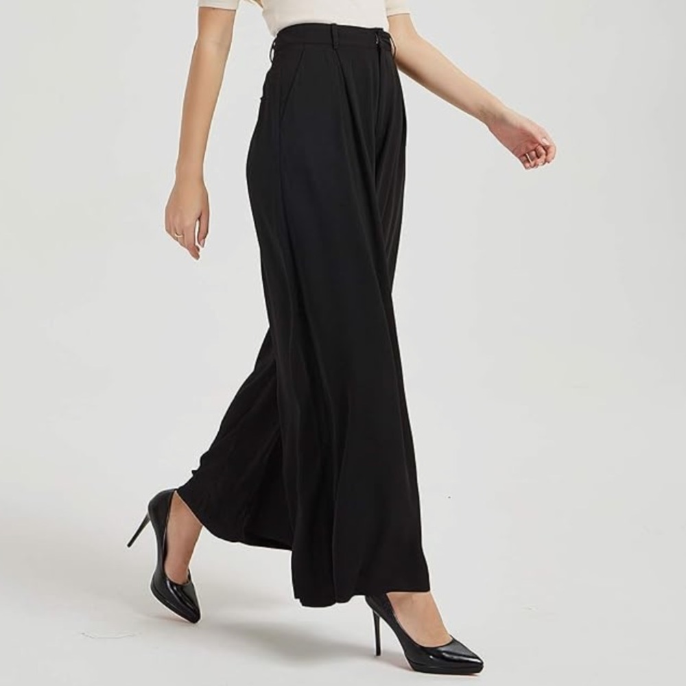 Tronjori Women High Waist Casual Wide Leg Long Palazzo Pants Trousers Black